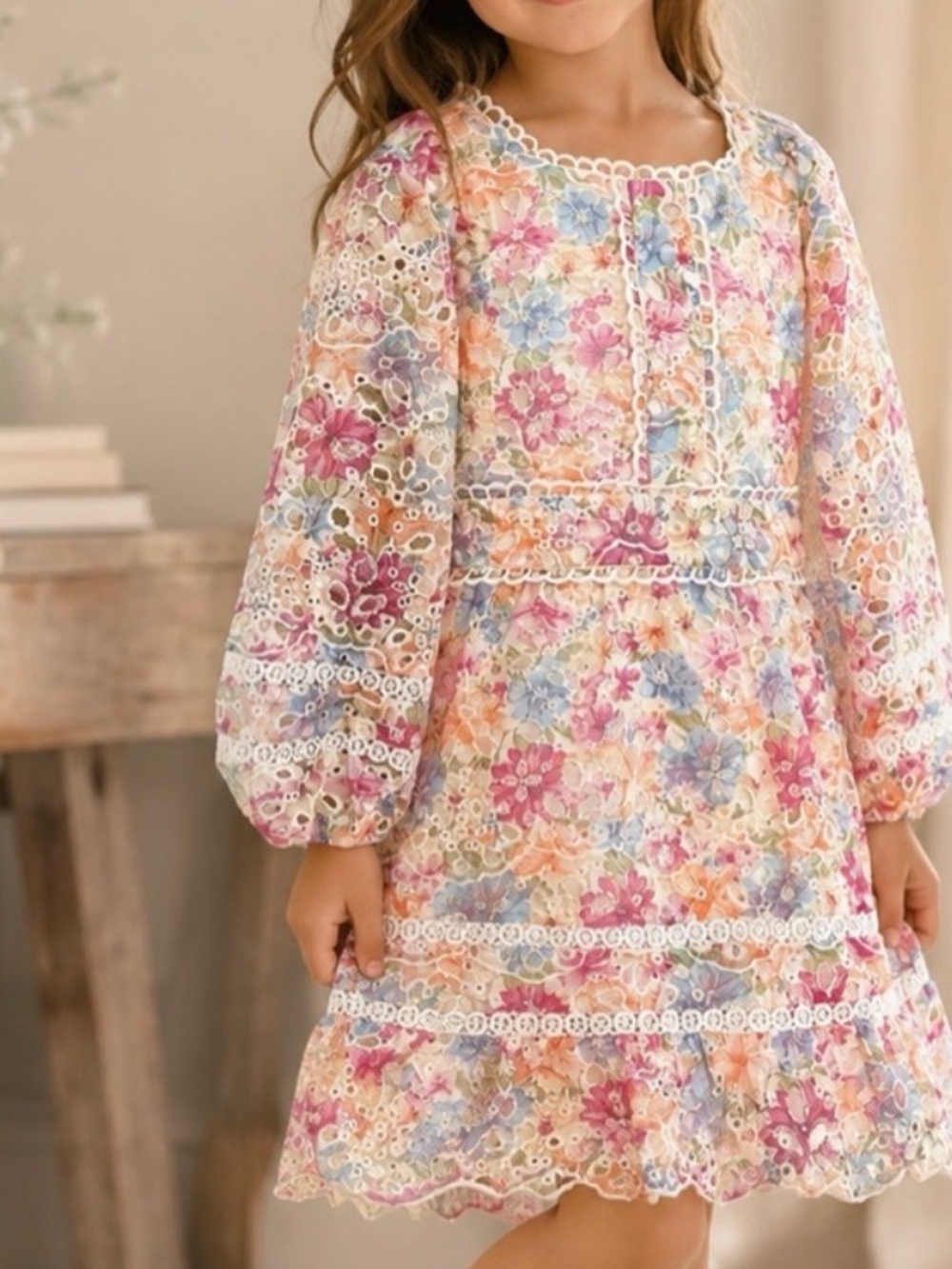 Gianni Bini Pink Multi Floral Lace-Trim Kids Dress